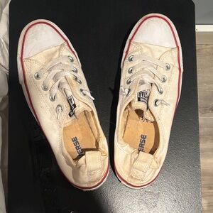 Converse Low Top Canvas Sneakers in Cream with Red Trim